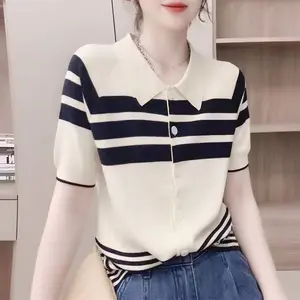 Summer Short Polo Collar Buttons T-shirt Outside Slim Short-sleeved Ice Silk Knitted Cardigan for Women