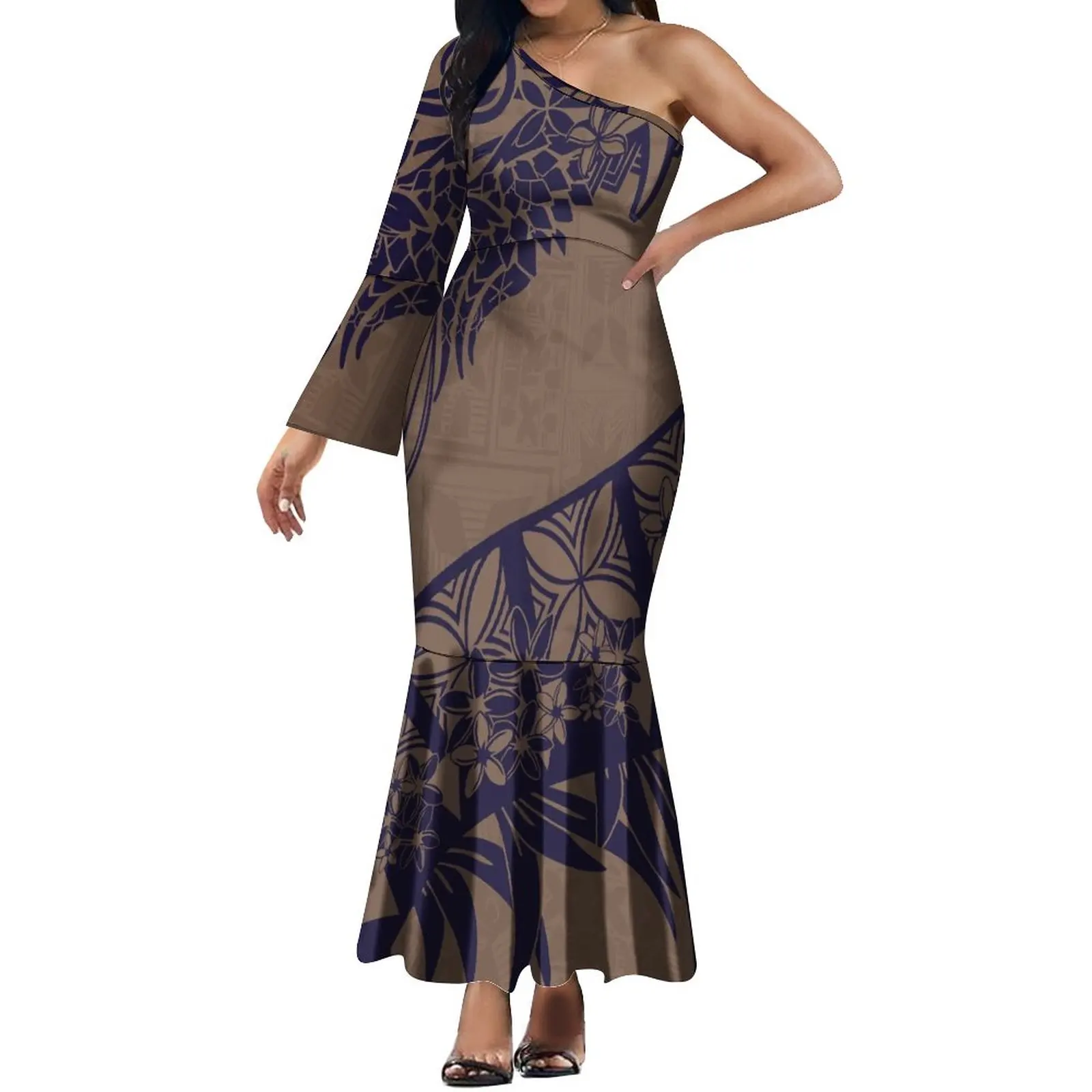 Brown Polynesian Pacific Island Design Long Maxi Evening Dresses Gowns Hawaiian Flower One Shoulder Sleeveless Ladies Dress Brown Polynesian Pacific Island Design Long Maxi Evening Dresses Gowns Hawaiian Flower One Shoulder Sleeveless Ladies Dress