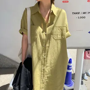 Wholesale Korean Chic Summer Simple New 2026 Lapel Single-breasted Pocket Cotton Solid Color Short-sleeved Women's Dress