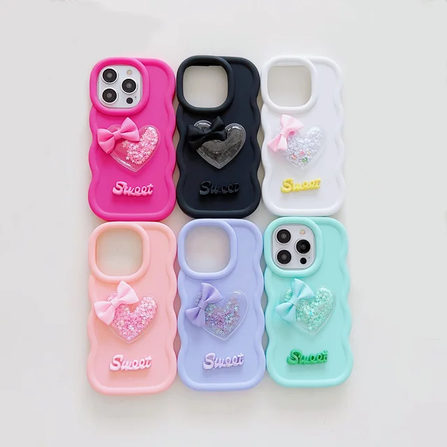 New Love Heart With Sweet TPU Macaron Wave Edge Mobile Phone Case For iPhone 15 Soft Phone Cover For Samsung S23FE S24 ULTRA
