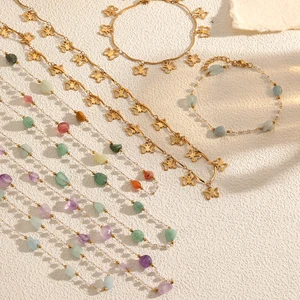 Hollowed-out Butterfly Irregular Natural Stone Mixed-color Blue Green Purple Stainless Steel Cute Beaded 14K Gold Plated Fashion