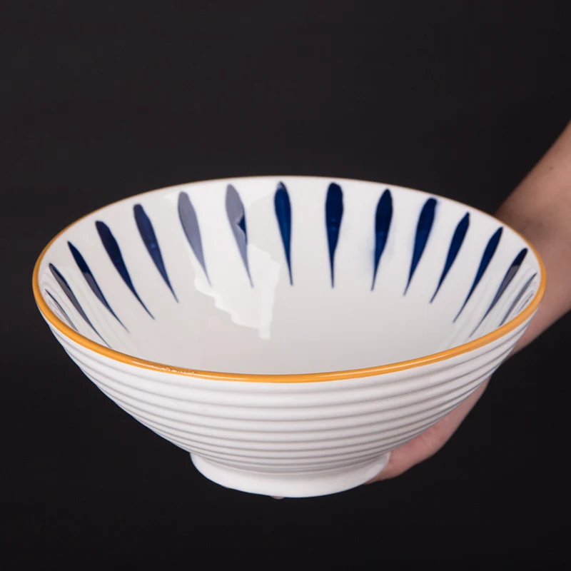 8 Inch Disposable Eco-Friendly Ceramic Japanese Style Design Mixing Hand Painted Ramen Rice Soup Bowl Plate Noodle Set