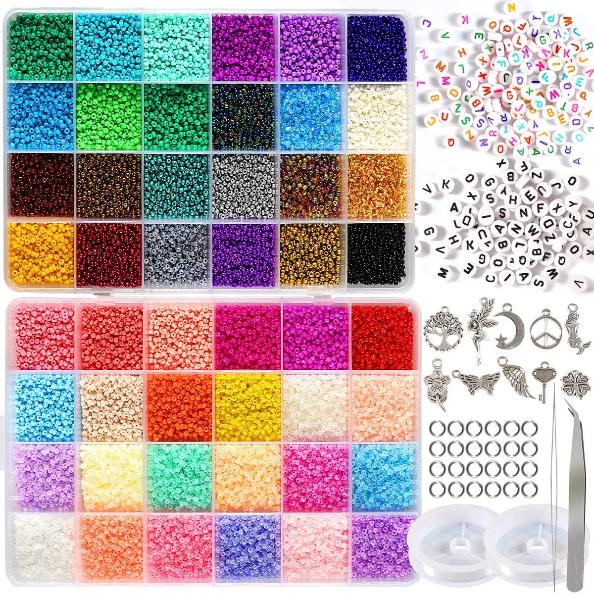 Glass Beads Set for Threading 35600 Pieces 2 mm 48 Colour Seed Beads Set  for Bracelet DIY Mini Beads Letter Beads Smiley Shell Pendant for Bracelet  Jewellery Craft Set Adults : 