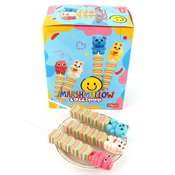 Halal Cartoon Animals and Hamburger Shaped String Candy Marshmallow Lollipop