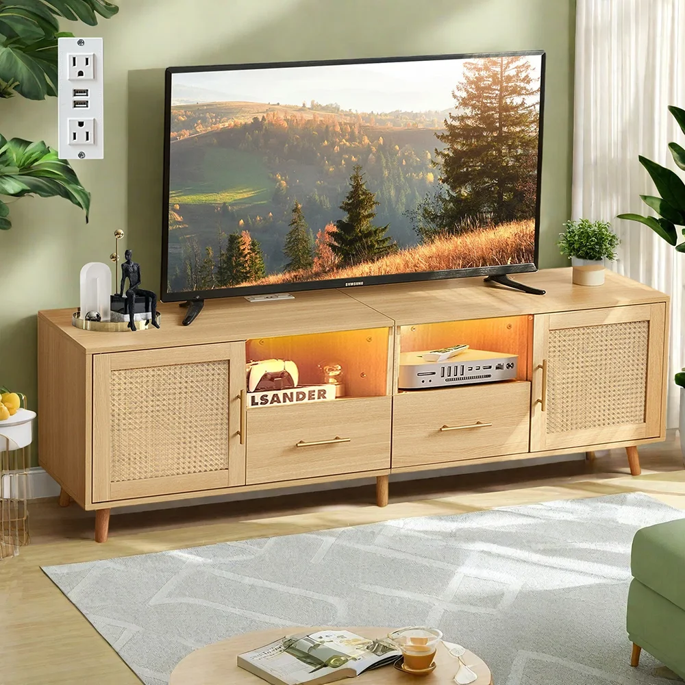Large Modern MDF TV Stand 75\" LED Light Charging Station Coastal Media Console Rattan Door Multimedia Storage Furniture 2 supplier