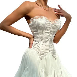 JENGS High Quality Sexy Low-cut Backless Jacquard Splicing Lace Chest-wrapped Flower Waist Corset De Mujer White Lace Coquette Corset