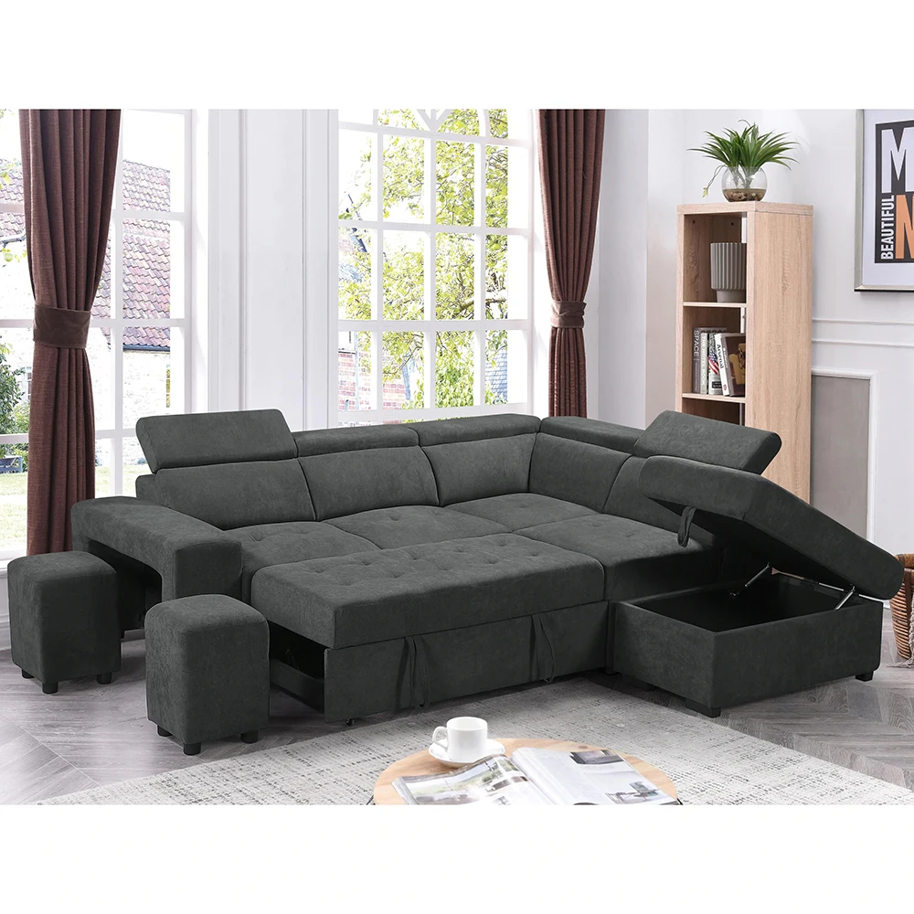 Woven Fabric Folding Sofa Cum Bed Wooden Sleeper Sectional Sofa Set With Storage