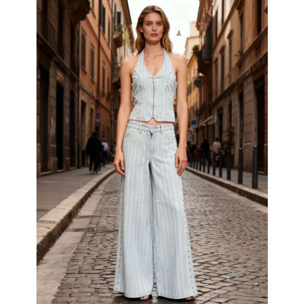 Customized Women Casual Striped Denim Halter Top Striped Straight-leg Jeans Top Pants 2-Piece Set
