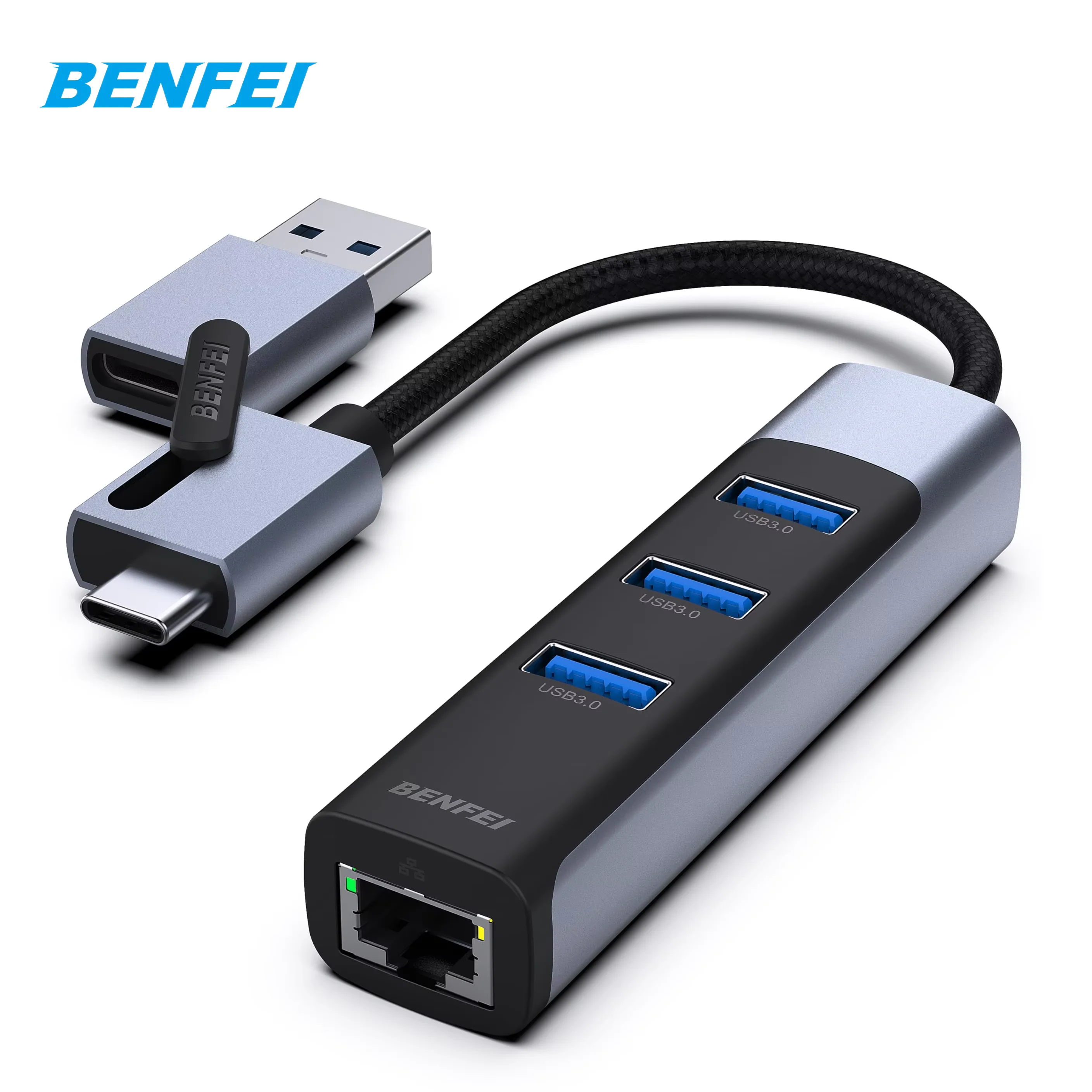 BENFEI 2 In1 USB-C/USB 3.0 to Ethernet Adapter Support 1000Mbps with 3*USB 3.0 Ports