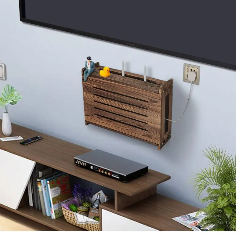 Wooden Router Shelf Wall Mount WiFi Router Storage Box Modem Cable Cover Organized Power Strip Cable Management Hider Rack