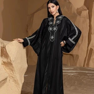 Middle East Fashion Gold Beads Black Vertical Striped Dress