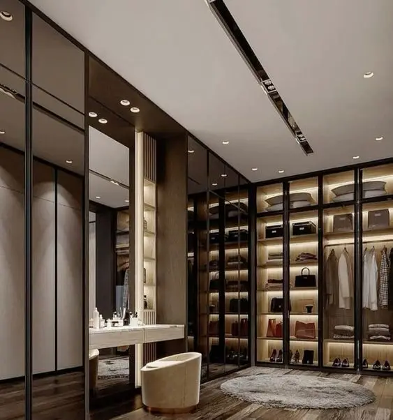 Custom Design Luxury Style Open Door Wardrobe Glass Door Closet with Make up Vanity