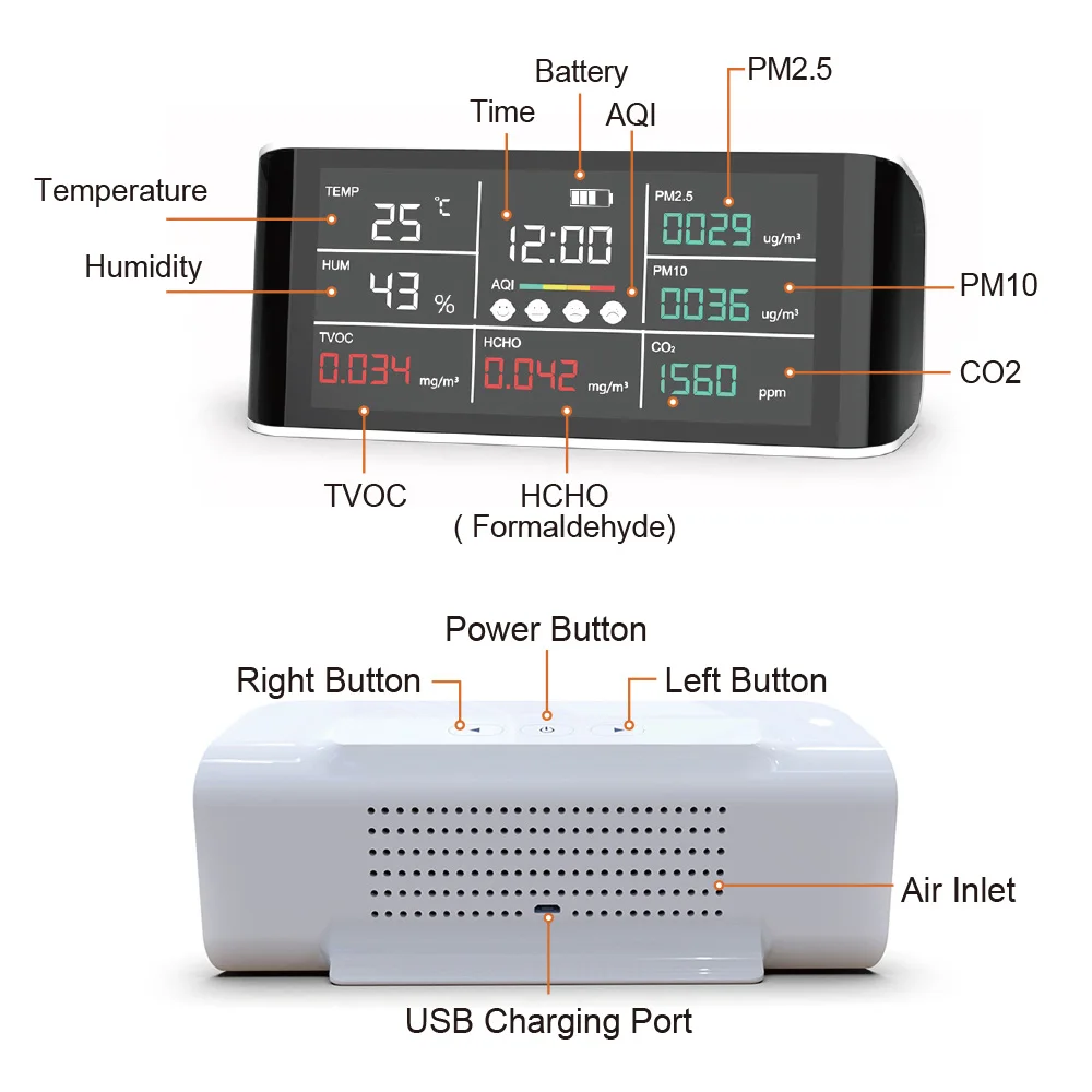 Détecteur Qualité Air CO2 TVOC HCHO PM2.5 PM10 – Moniteur LCD Rétroéclairé Avec Température, Humidité Et Alarme – Rechargeable 1200 MAh