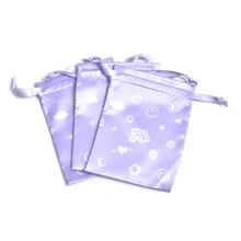 Custom printing purple satin jewelry pouch hair bags  silk drawstring bags high quality with ribbon string