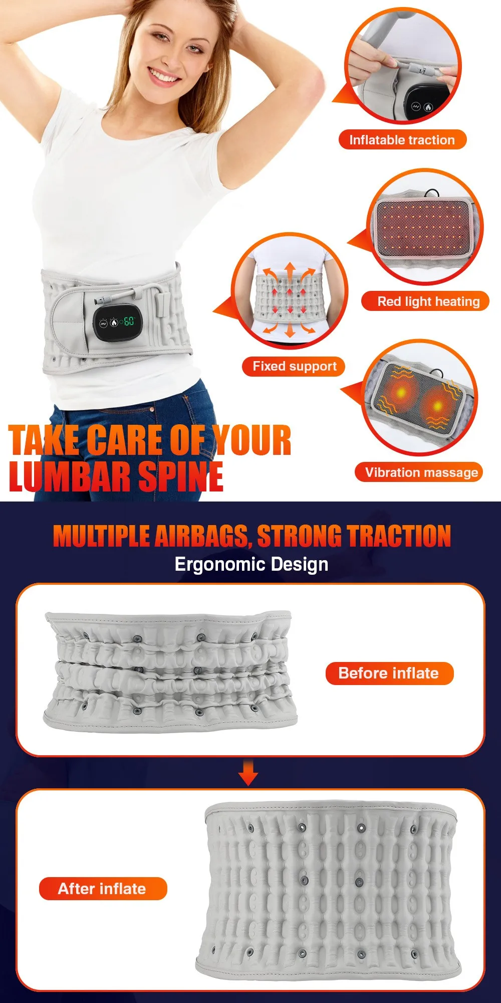 Hot Electric Vibrating Massage Belt Inflatable Lumbar Waist Heating