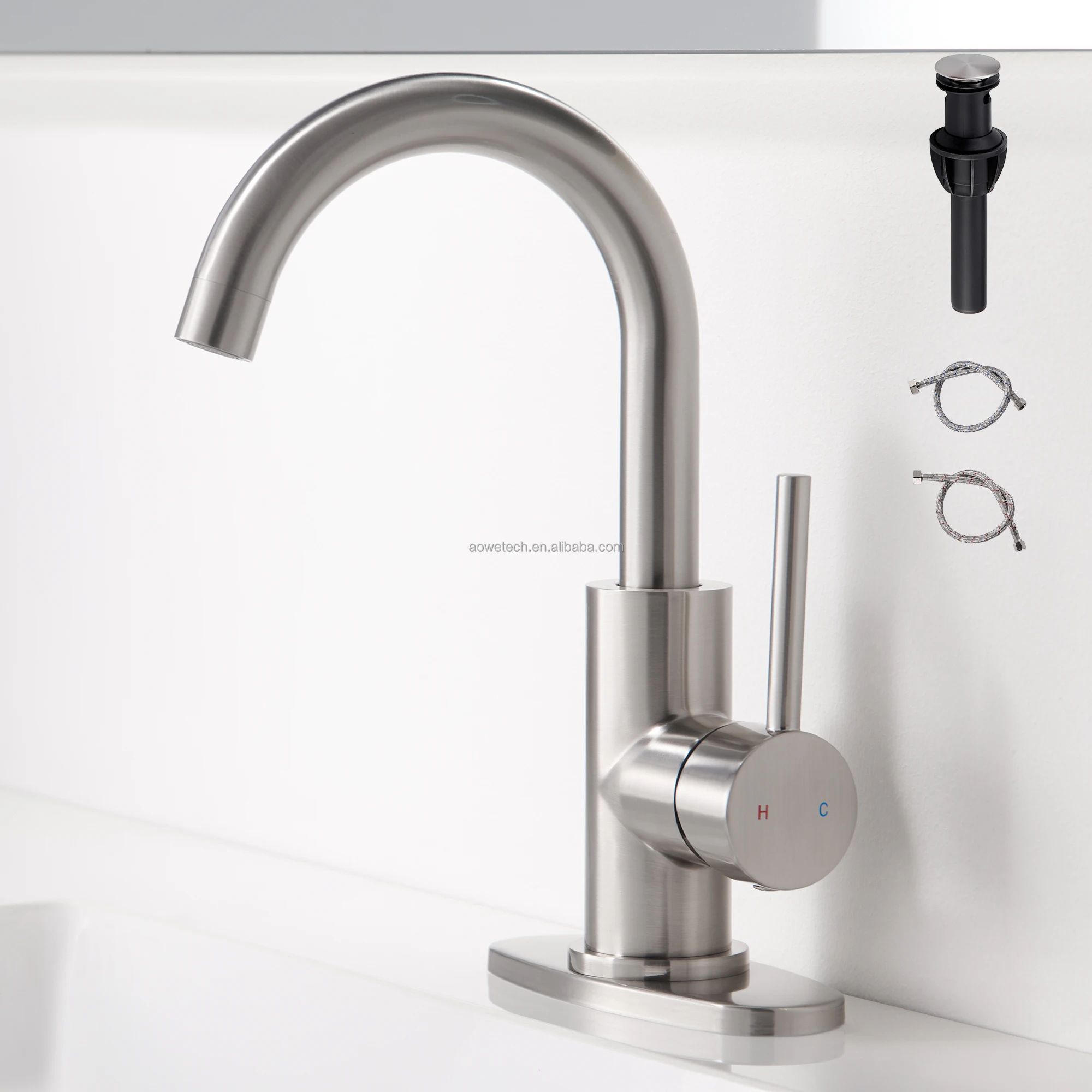 Brushed SS304 Basin Faucet High Arch Goose Neck Bathroom Sink Mixer Tap Single Handle Lavatory Faucet with Pop up Drain