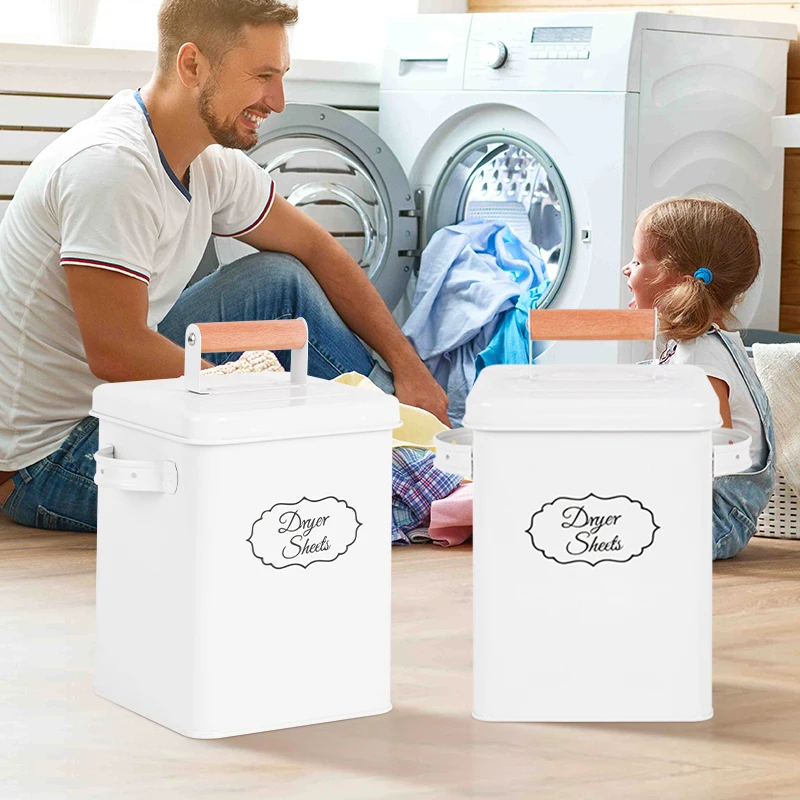 Different Sizes Metal Sealing Square Laundry Lint Bin White Metal Storage Bucket Galvanized Iron with Wood Lid