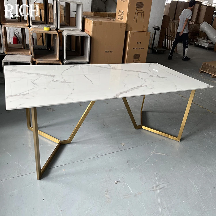 Modern Luxury Rectangular White Faux Marble Top Metal Dining Table Home Villa Apartment Kitchen Room Hotel Office Restaurant Use