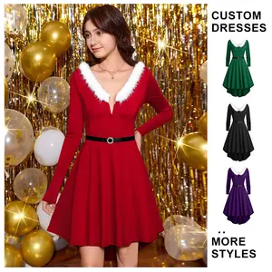 Custom Women's Red Vintage Christmas Party Pin Rockabilly Dress Long Robe with Knee-Length Long Sleeves V-neck Dress for Women
