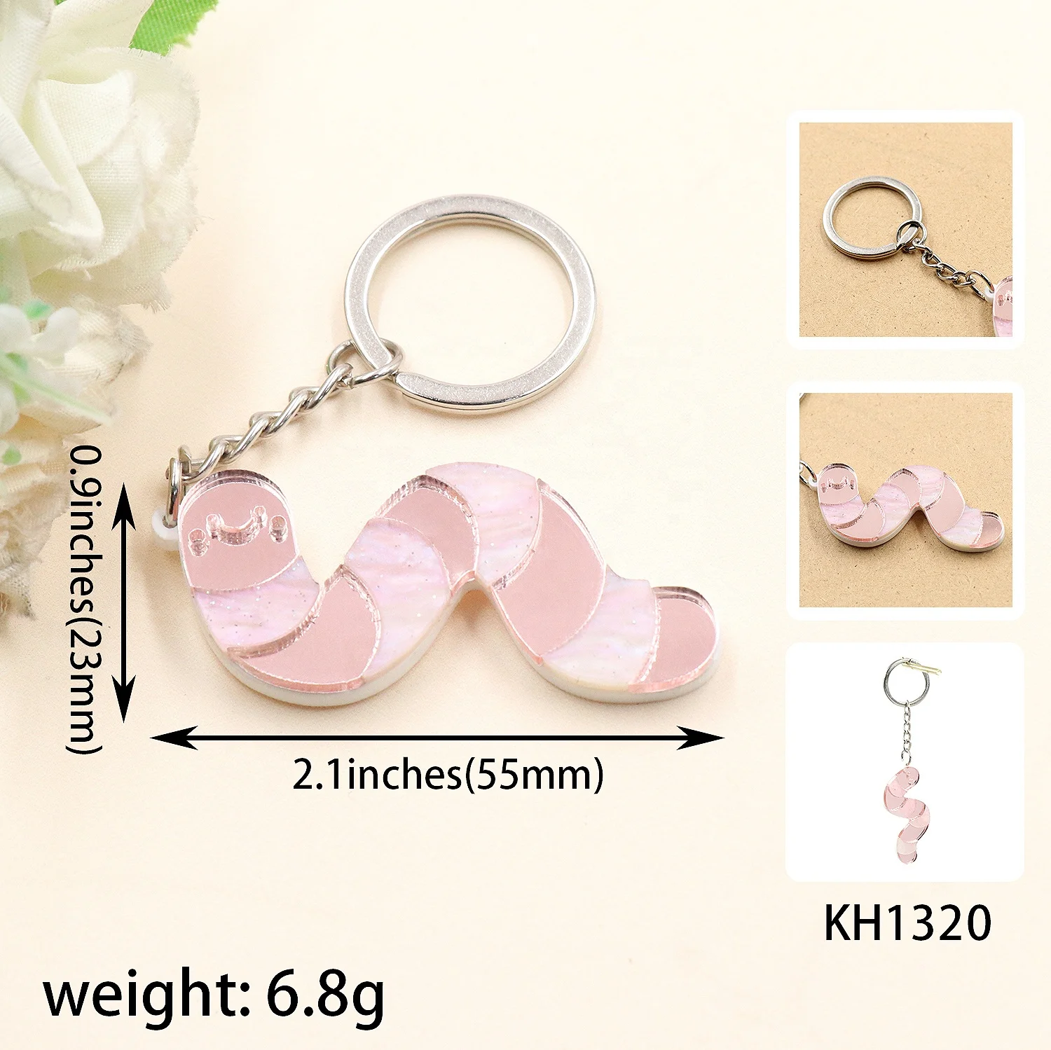 YYXKH1320 Cute Pink Earthworm Keychain Girls' Luggage Series Stainless Steel Coin Holder UV Printing Plastic Material details