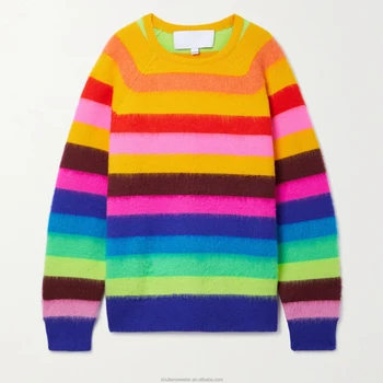Custom Women Oversized Multicolored Fuzzy Wool Blend Rainbow Stripe Sweater Pullover
