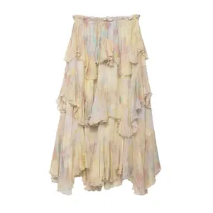 Cross-border European and American Women's Elastic Sweet Spring Polyester New Laminated Printed Ruffled Decorative Skirt