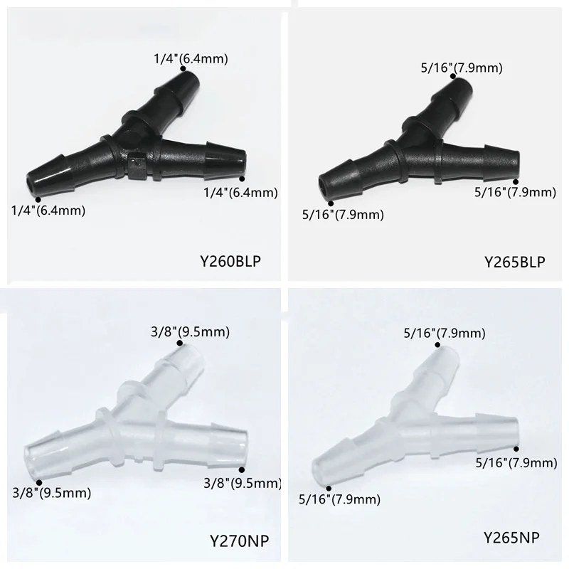 JU 1/16" to 1/2" Tubing Barbed Wye Joint Pipe Fitting Plastic Water Air Hose 3 Way Barb Y Branch Connectors