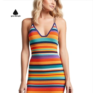 Custom Manufacturer Backless Ladies Summer Casual Knitted Dress Slim Elastic Bodycon Multicolor Striped Women Dress
