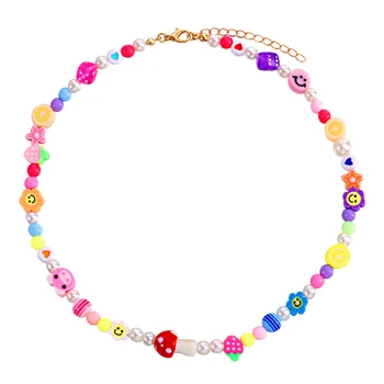 Summer Jewelry Y2K Handmade Bead Necklace Colorful Polymer Clay Pearl Necklace Flower Smiley Face Necklace for Teen Girls