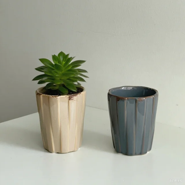 Antique Tiny Ceramic Flower Pot Ribbed Planters Home Garden Planters for Indoor Outdoor
