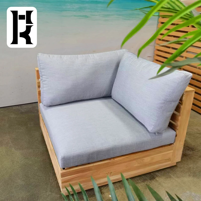 家具 2306 モダンチークウッドL字型グレーソファリビングルームガーデン