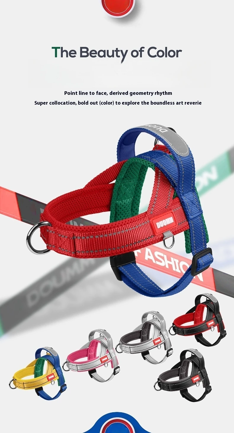 Fashionable Reflective Saddle Harness for Dogs Wide Polyester Color-Block Webbing No-Pull Design Comfortable Padded Chest Plate
