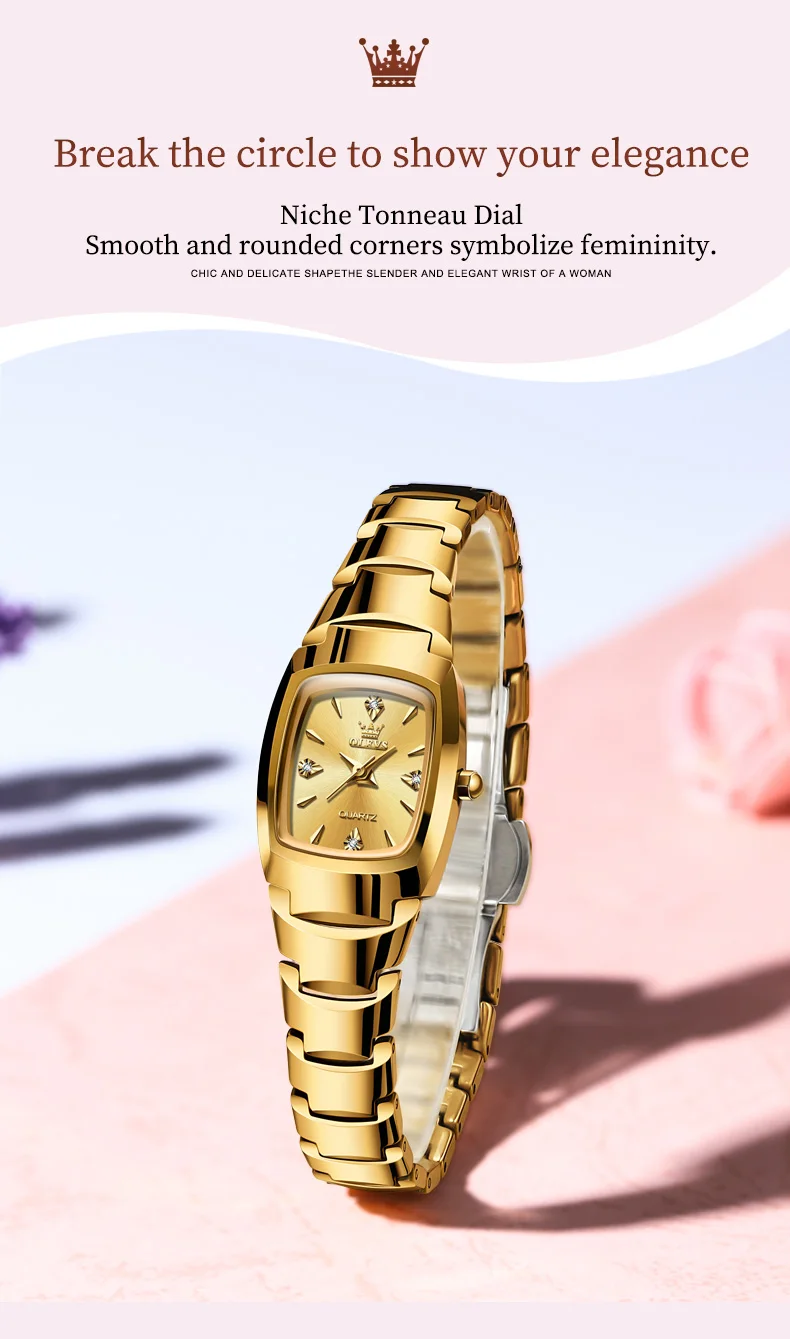 OLEVS 7006 Japan Quartz Movement Water Resistant 3ATM Women Watch Square Shape Dial Gold Tungsten Steel Bracelet Ladies Watches