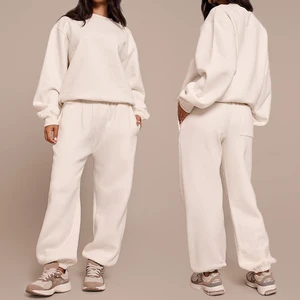 Custom Plain French Terry Sweatsuit Crew Neck Sweatshirt Sweat Pant 2 Pieces Set Cotton Tracksuit for Women