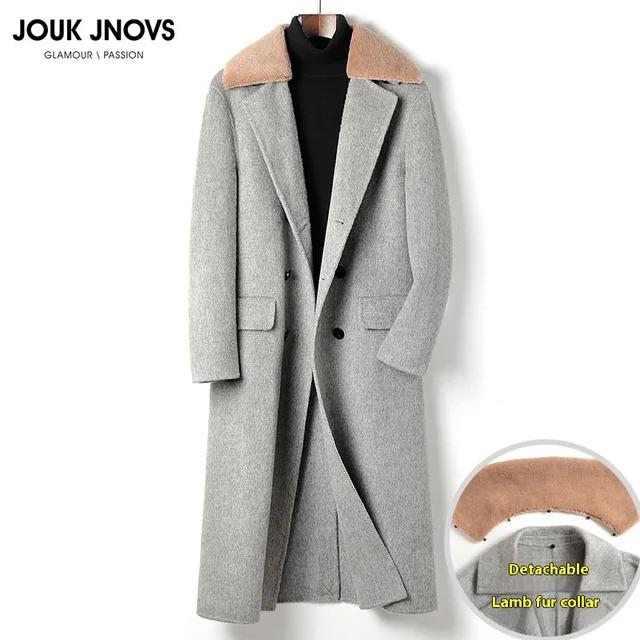 100% Australian Wool Double-Sided Over-The-Knee Outwear for Men Autumn Winter Windbreaker Double-Breasted Fur Collar Classy