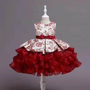 Sleeveless Floral Print Princess Birthday Party Princess Dress for Girl Puffy Bow Mesh Yarn Layering Summer Elegant Dress