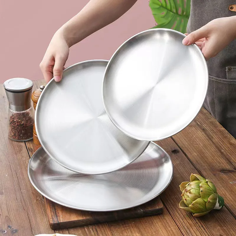 Eco-Friendly Gold Silver Stainless Steel Plate Dinner Set Round Dish Tray  for Picnic