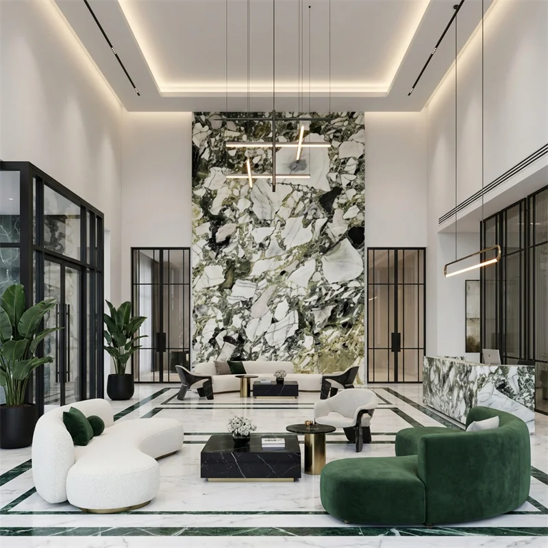 Marmer Cloud Jade Alami—Lempeng Besar Indoor Villa Modern, Lantai Tahan Air, Garansi 1 Tahun dan Solusi Desain Grafis