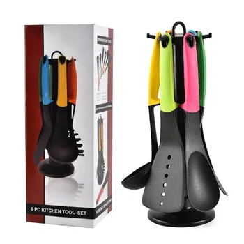 7 Pieces Non Stick Nylon Cooking Utensils Set With Holder Rotating Stand Complete Heat Resistant Spatula Tools Weighted Handle