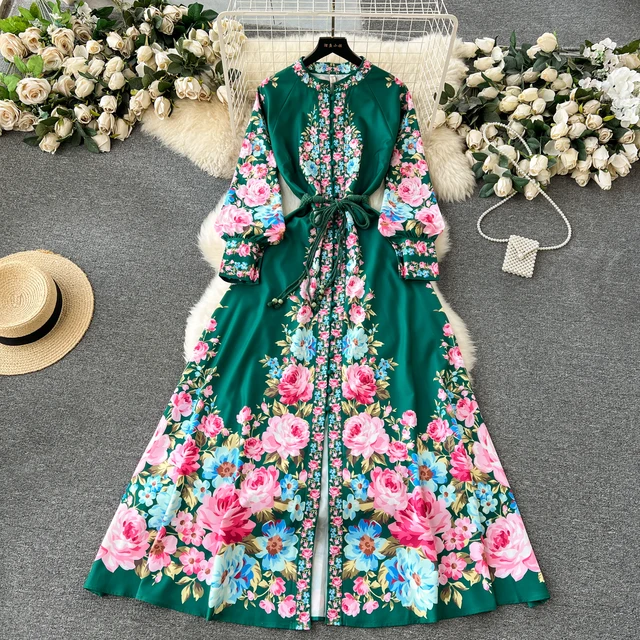 ZT1268 Flowers series 2024 early spring new vintage print lace-up waist slimming stand collar palace style maxi dress