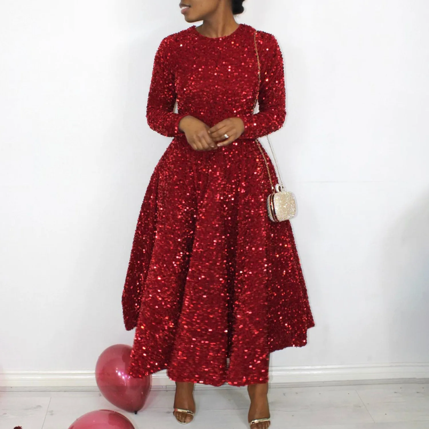 Elegant Fit and Flare Matching Lady Party French Women Dress Long Sleeve High Quality Sequin Dress Long Royal Blue Sequin Dress