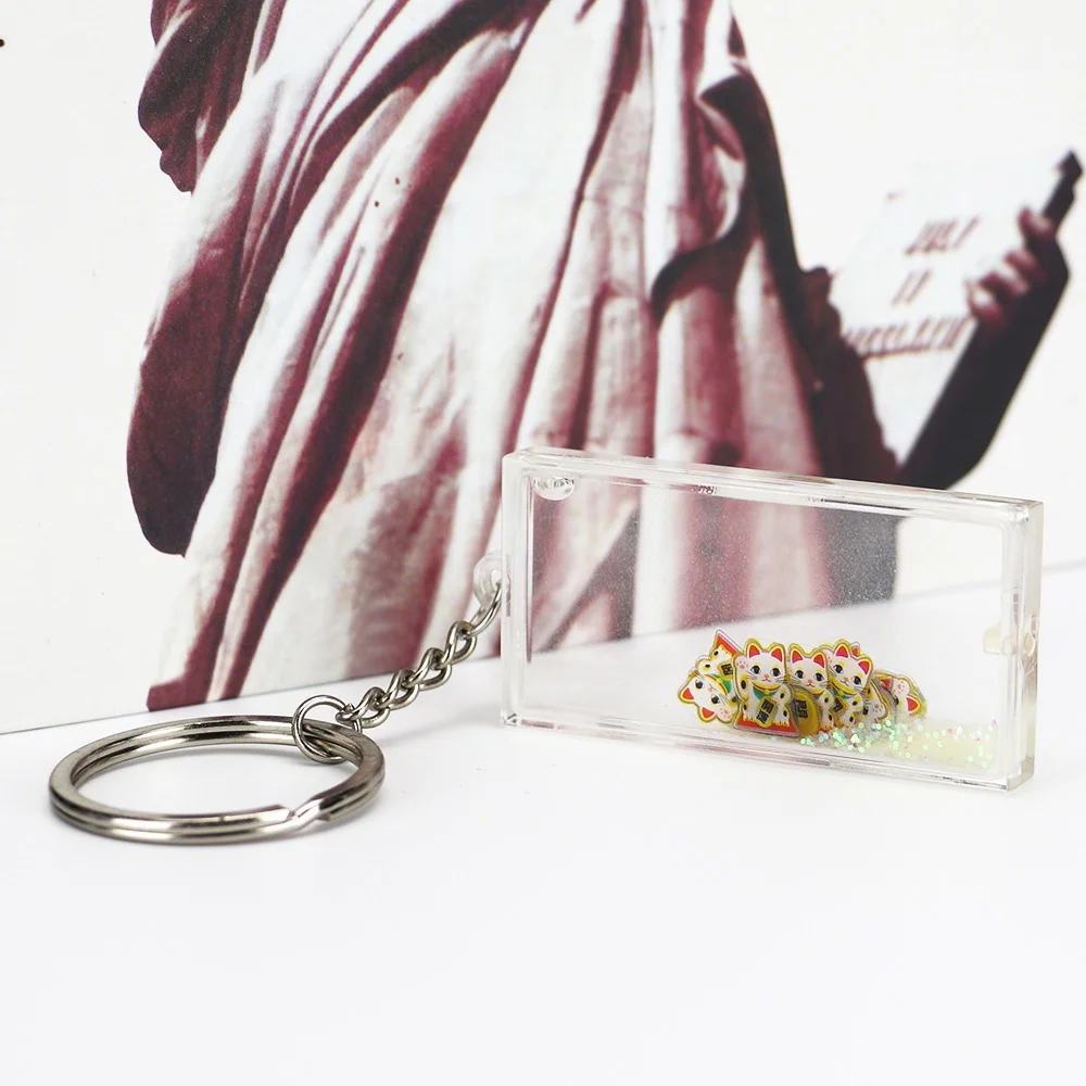Custom Rectangle Empty DIY Acrylic Quicksand Floating Liquid Filled Oil Flower Water Sea Sand Glitter Snow Powder Name Keychain
