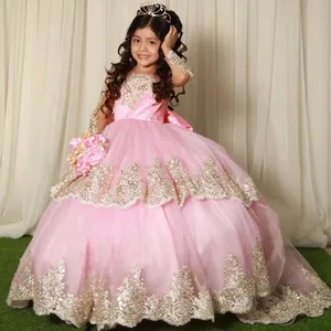 Pink Sequined Embroidery Girls' Long Formal Dress Mesh-Layered Princess Style for Summer for Children