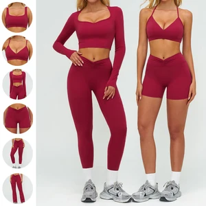 Four Ways Stretch Brushed Long Sleeve Top Yoga Set Gym Running Fitness 6 Piece V Waist Outdoor Sports Suit