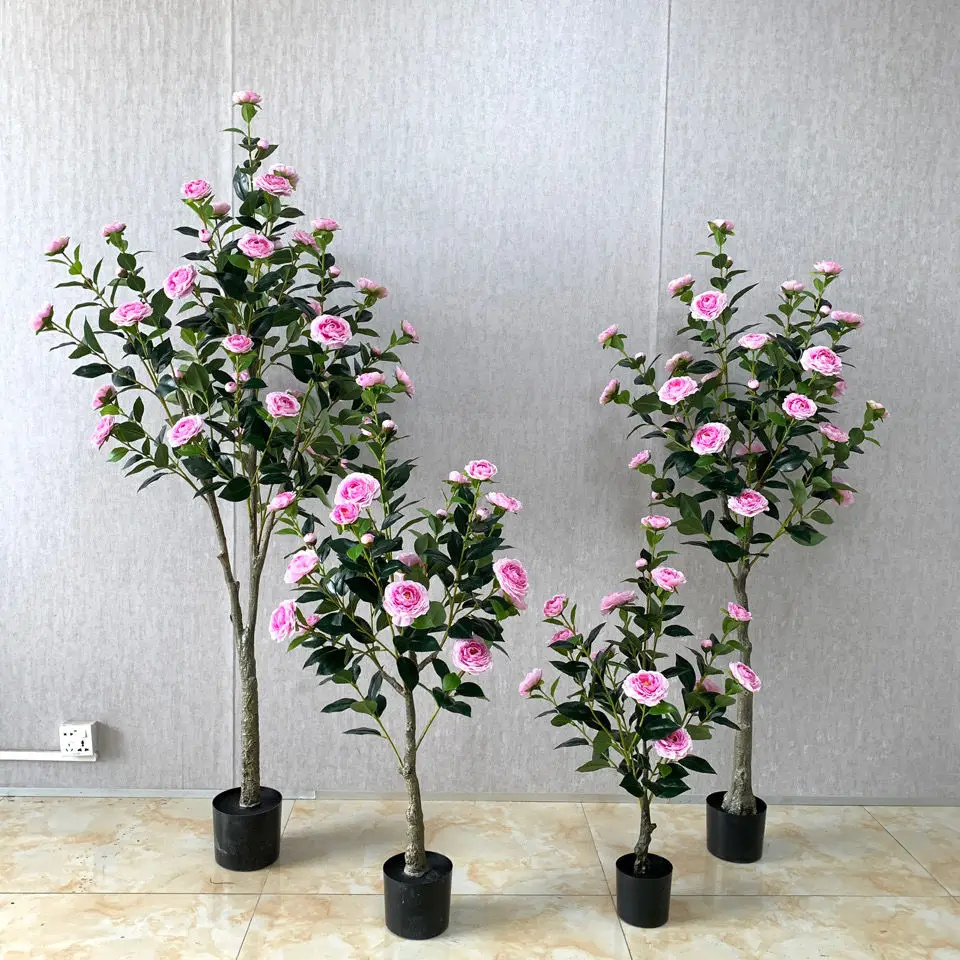 Camellia Flower Trees Plastic Artificial Potted Flower Plant Decoration