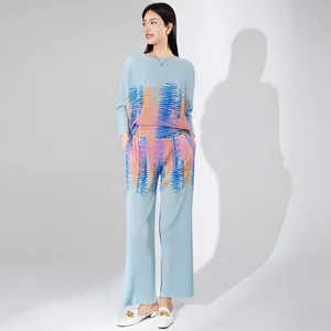 Women's Fashion Pleated Clothing Casual Two Piece Set Printed Batwing Sleeve Loose Top and Straight Pants 2 Piece Set Women