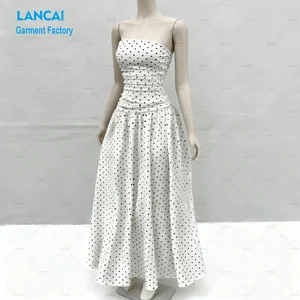 Women's Elegant Polka Dot Maxi Dress Manufacturer OEM Custom Print Ruched Waist Pleated Dress for Casual Daily Summer Vacation