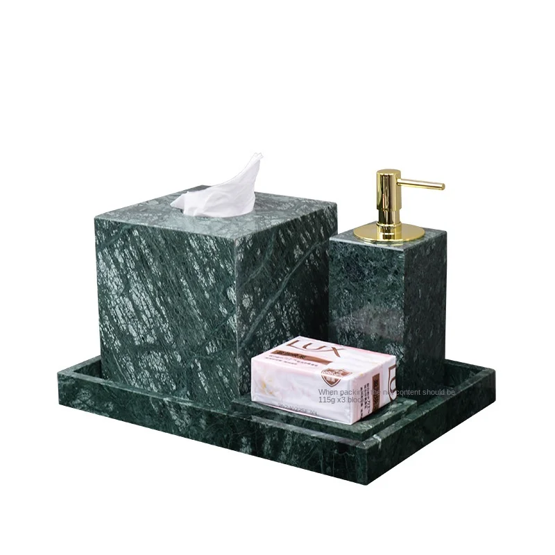 Green Marble 6-Piece Bathroom Accessory Set - Square Tray, Lotion Bottle and Cotton Swab Jar for Vanity Countertop