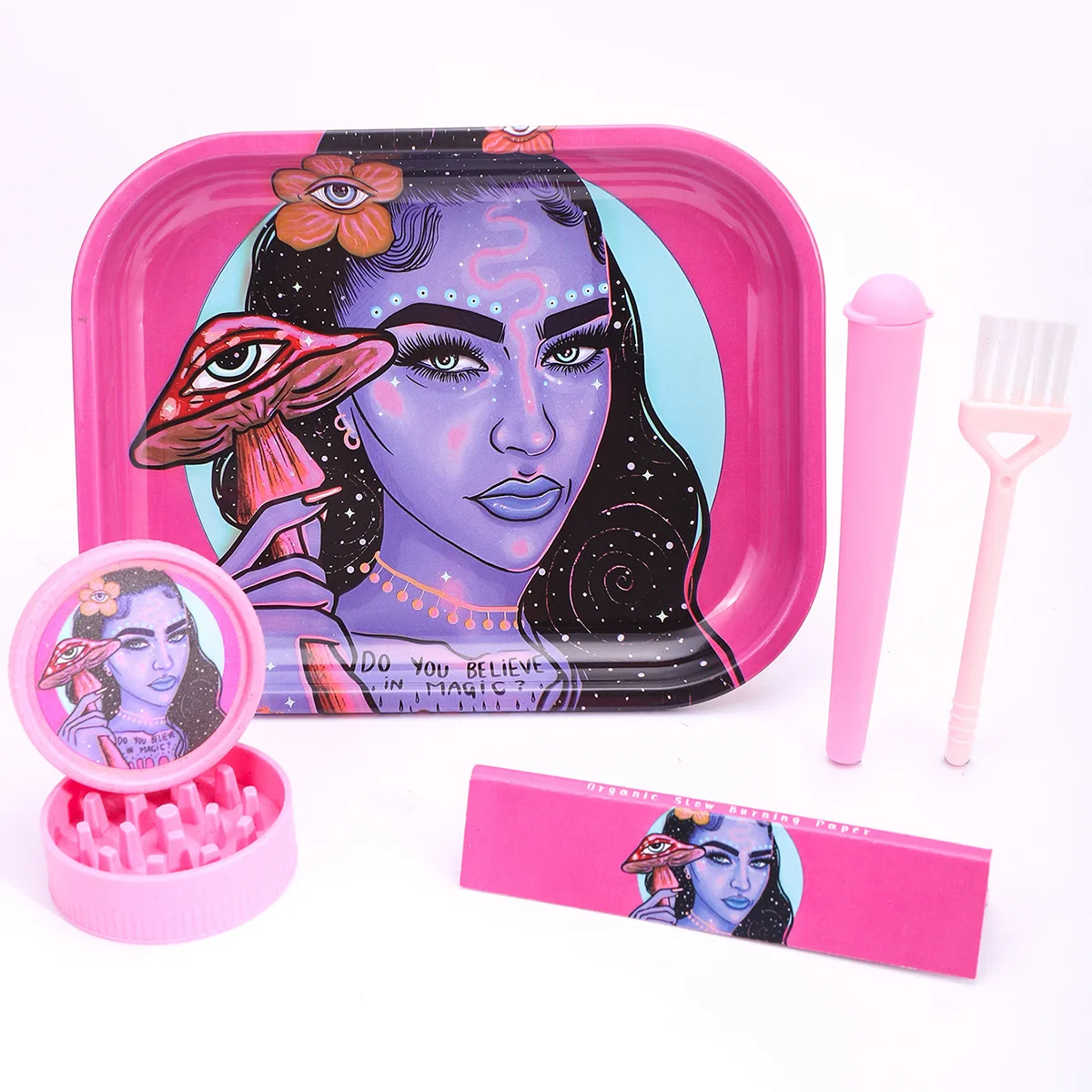 5-Piece Set of Multi-Element Trays and Smoking Accessories Multiple Colors and Optional Plastic Grinders Pink Conical Tubes