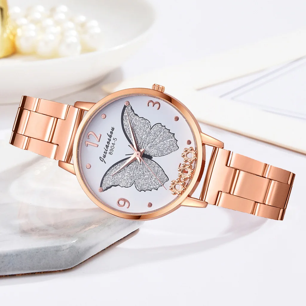 Simple Butterfly Dial Flowing Flower Steel Band Quartz Watches